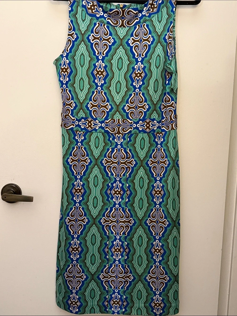 Tory Burch Teal, Blue & Brown Geometric Print Dress